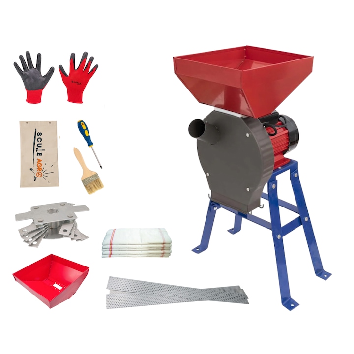 Set moara (2 in 1), putere 3.9KW, 3200rpm, 100% cupru, cuva mare, ideala pentru macinat cereale, uruiala, boabe, stiuleti, coceni, butuc cu 20 ciocanele, 4 site, marimi 2, 3, 4, 5 mm, manusi de protectie