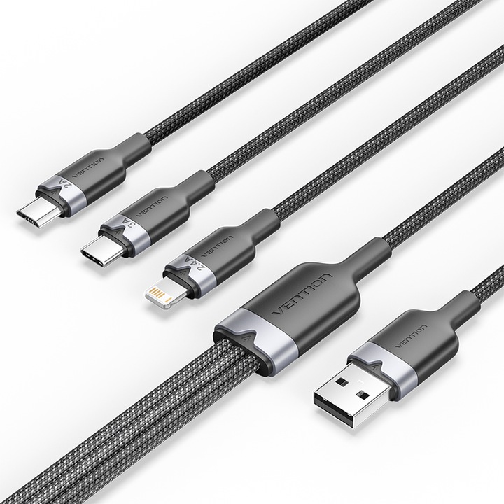 Кабел 3 в 1 USB, VENTION, USB към USB C/Lightning/Micro-B, найлон, 1,5 м, черен