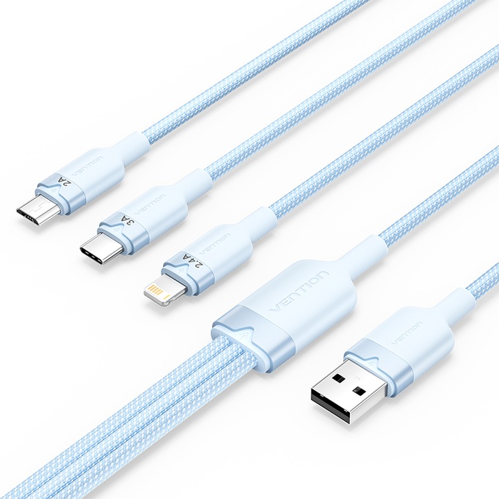 Кабел 3 в 1 USB, VENTION, USB към USB C/Lightning/Micro-B, найлон, 1,5 м, син