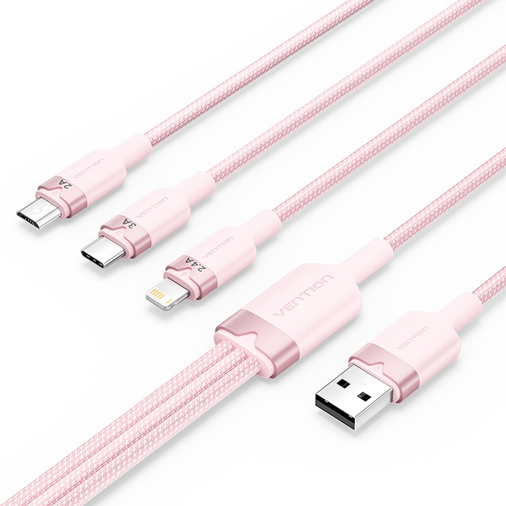 Kábel 3 az 1-ben USB, Vention, USB-USB C/Lightning/Micro-B, nylon, 1,5 m, rózsaszín