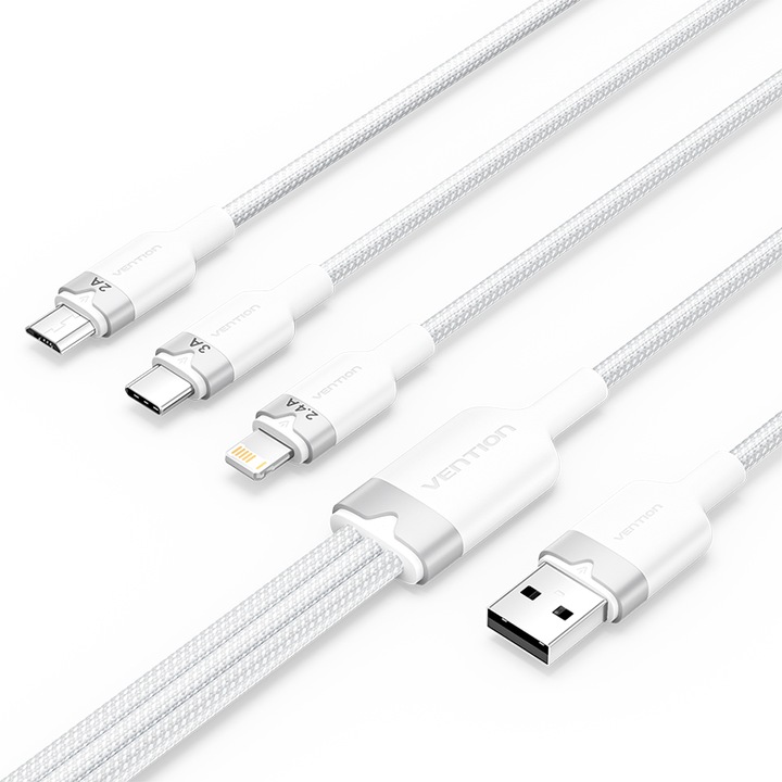 Кабел 3 в 1 USB, VENTION, USB към USB C/Lightning/Micro-B, найлон, 1,5 м, бял