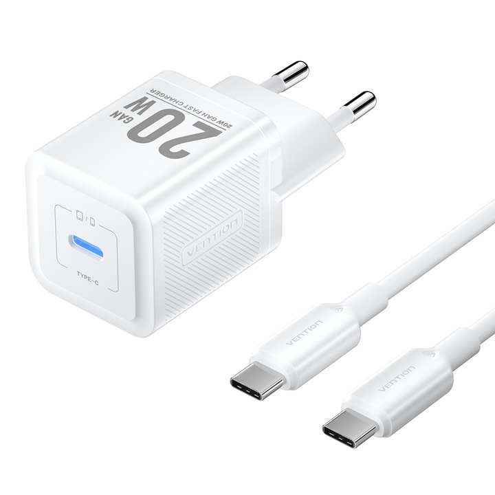 Set Incarcator USB-C, VENTION, Cablu USB-C, 1m, Incarcare rapida GaN de 20 W, Alb