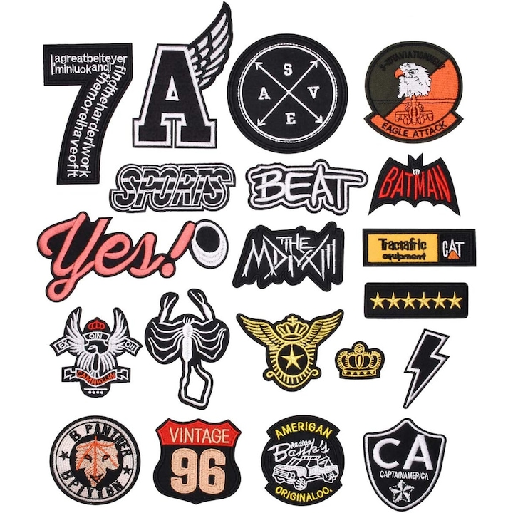 Set 20 petice textile, PsAyl®, patch brodat, diverse dimensiuni, multicolor