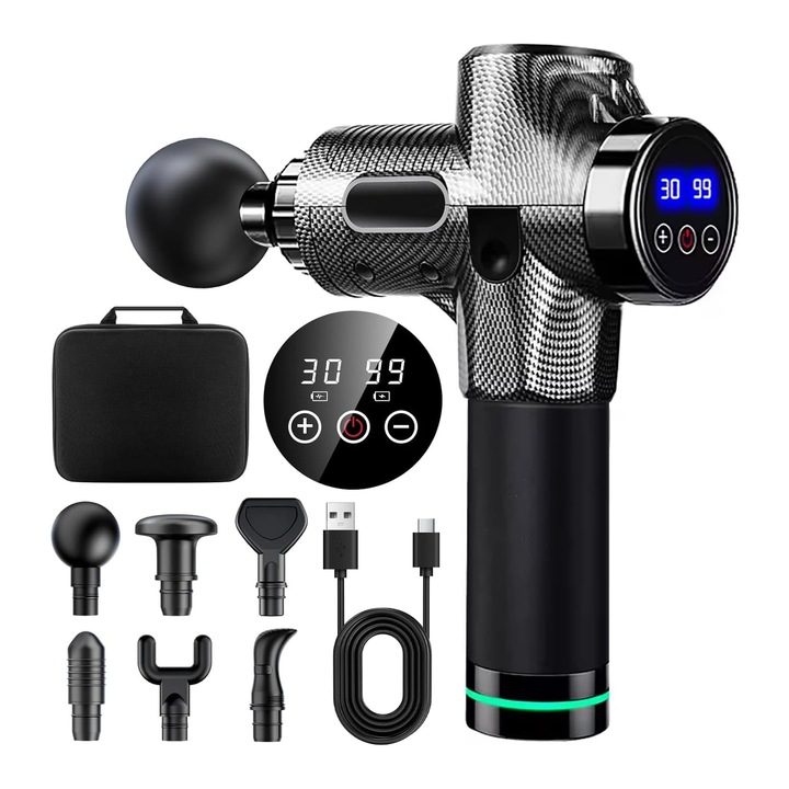 Pistol de Masaj, JFYU, cu 6 Capete Interschimbabile, Motor Silentios si Puternic Sistem Racire Design Ergonomic 3500 Percutii/Minut Servieta Depozitare, 30 Viteze, Negru