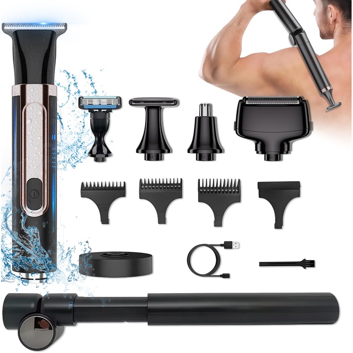 Електрическа самобръсначка за тяло, Многофункционална 5 в 1, За гръб и тяло, С разтегателна дръжка, Мокра и суха употреба, Регулируема на 180°, 5 гребена, Преносима, Със заключване за пътуване, Ергономичен дизайн, Преносима, Черно и сребристо