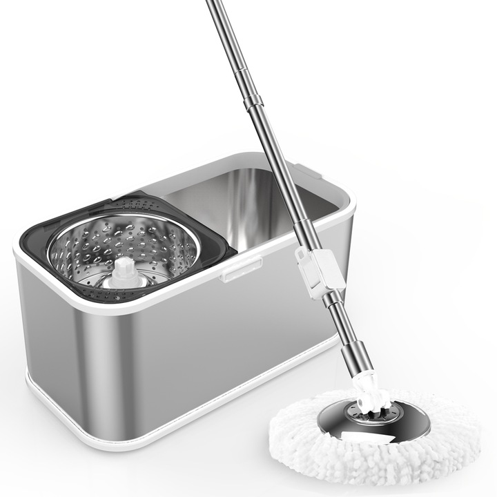 Set mop rotativ Atomic Clean F7 cu galeata inox 7L cu centrifuga, tija ajustabila + 2 rezerve din microfibra incluse – Argintiu