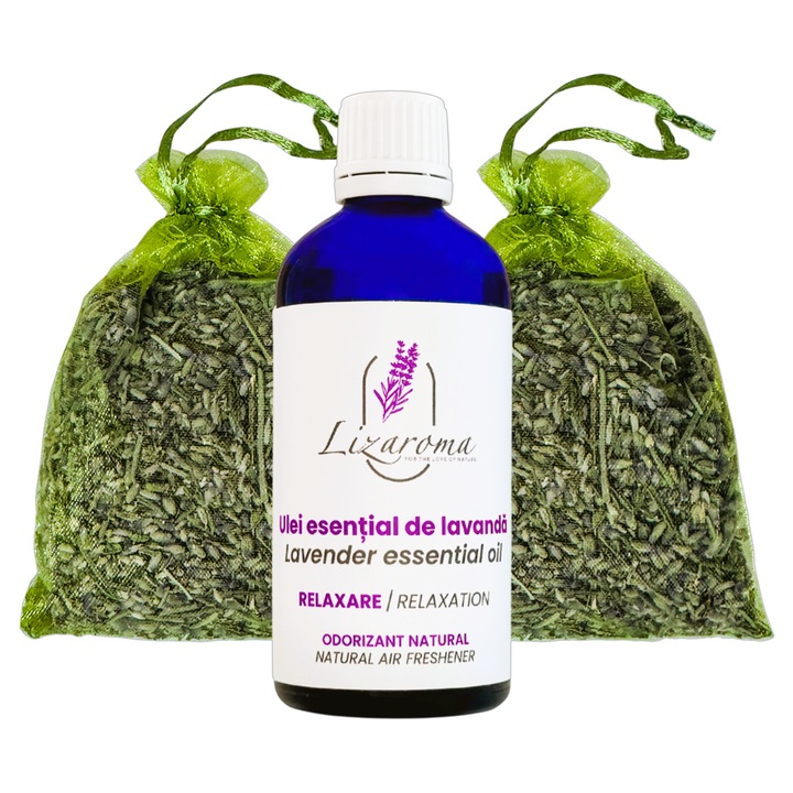 Ulei esential de lavanda pur 100ml+cadou doi saculeti cu floare uscata de lavanda