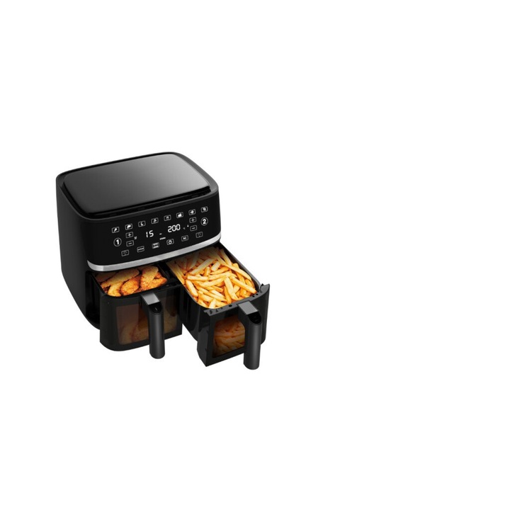 Amiko A60 Hot Air Fryer, multifunkciós kétkosaras digitális forrólevegős sütő, 1700W, 10L - fekete