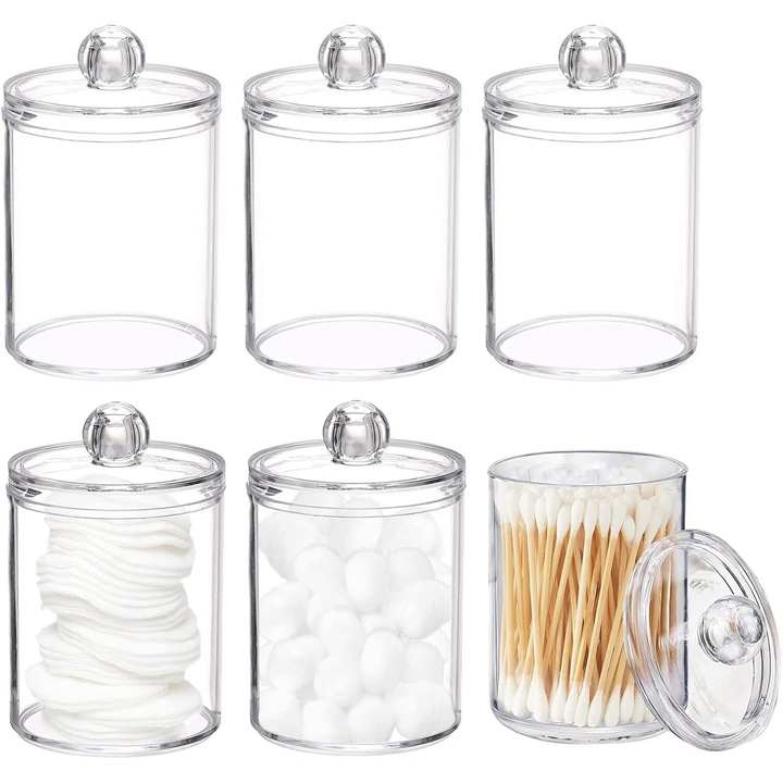 Pachet de 6 borcane de farmacie cu dozator Qtip pentru baie, recipient de depozitare cu suport Qtip, borcan acrilic din plastic transparent pentru bile de vata, tampoane de bumbac, rotunde de bumbac, ata dentara, agrafe de par, 12 oz
