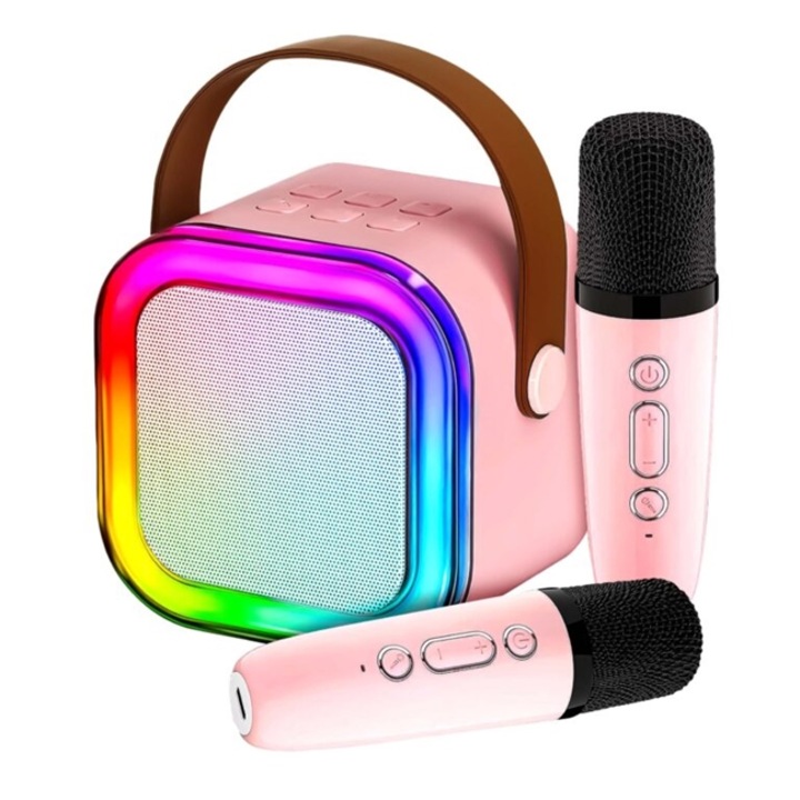 Karaoke készlet lányoknak hangszóróval és 2 mikrofonnal CLASStitude LED, Tökéletes bulikra kiváló minőségű hangzással és kényelmes használattal, Rózsaszín