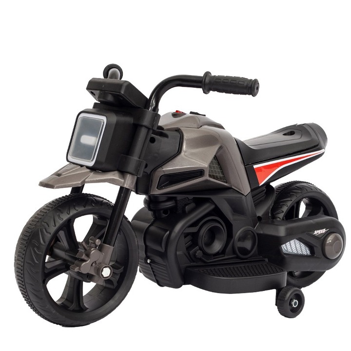 Elektromos motorkerékpár 2 nagy kerékkel és 2 segédkerékkel, Flippy, Töltő Akkumulátor, Borulásgátló, Fények, Zene, Motor: 380, Akku 6V4.5, 41.5x70x34 cm, 4.5 Kg, 3 év+, Szürke fekete