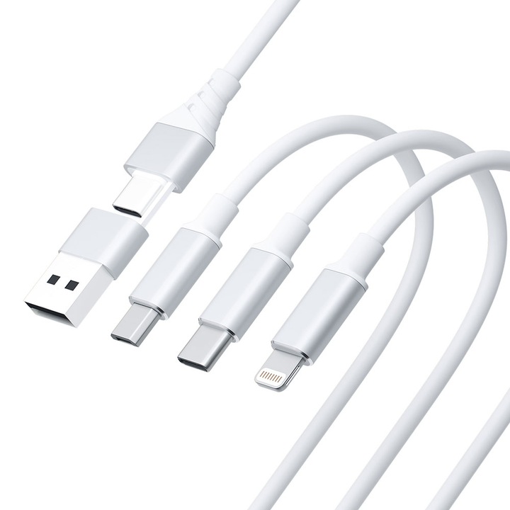 Кабел за данни 3в1, 3MK, Бял, 1.5m, MicroUSB/Lightning/USB-C