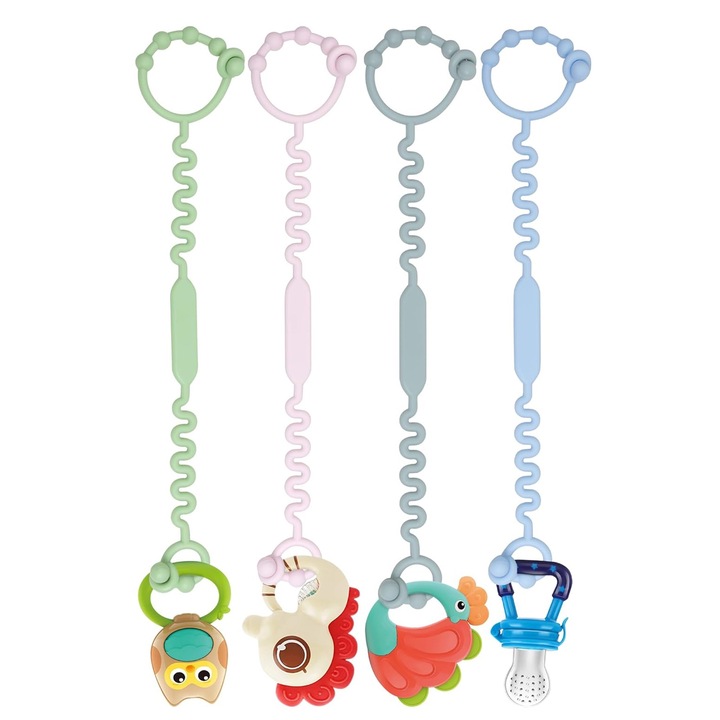 4 db-os elvesztésgátló zsinór készlet baba szenzoros fogzási játékhoz, Axroad Mall, Állítható csatos kialakítás, Hőálló, Könnyen használható és tisztítható, Élelmiszer-minőségű szilikon, 30 cm, Többszínű