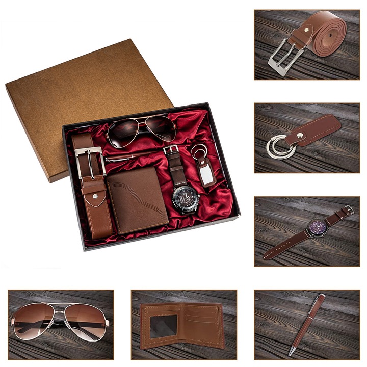Set cadou pentru barbati, Axroad Mall, 6 piese, Design confortabil, Include Ceasuri, ochelari de soare, curele, portofel, pix si breloc, Pentru tatal, barbatii, fiul, prietenul si colegul dvs, Piele, Maro