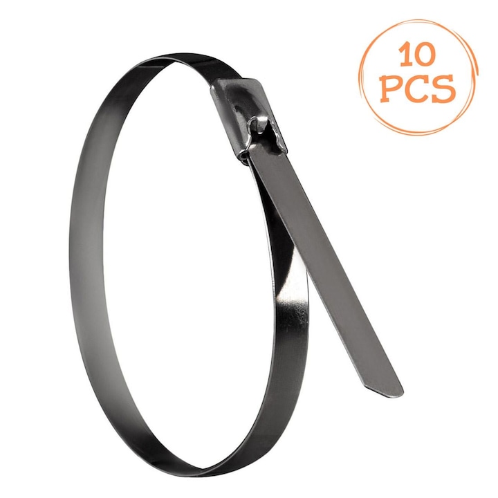 Fém kábelkötegelők, rozsdamentes acél 304, hőállóság -100~+300ºC, 10 darabos készlet, 200x4,6 mm
