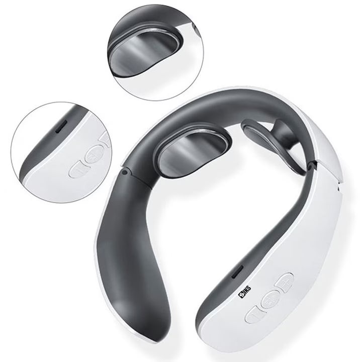 Aparat Inteligent De Masaj Cervical Cu Impulsuri Electromagnetice Kludoo®, Portabil, 4 Moduri De Masaj, 15 nivele de intensitate, Doua capete, USB, alb/gri