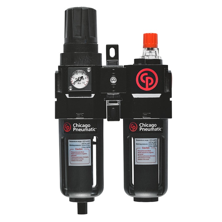 Filtru cu regulator si lubrificator, dimensiune filet 1/4", debit aer 35 l/s, presiune 15 bar, capacitate ulei 125 ml, Chicago Pneumatic 1/4" Composite FRL