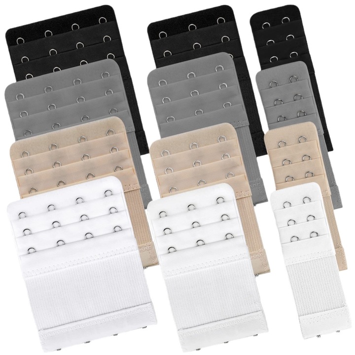 Accesoriu pentru sutien, SINBINTA, 12 buc, 2/3/4 randuri, Prelungire, Lastice si ajustabile, Universal, Confortabil si respirabil, Durabila si robusta, Gri/Alb/Negru/Crem, 9.7x7.5/5.6/3.2 cm, Poliester/Metal