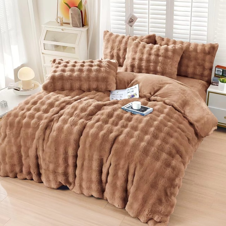 Cocolino Spot dupla szőrme ágynemű, 4 db, lepedő 230x250 cm, paplan 200x230 cm, 2 párnahuzat 50x70, Barna, Pucioasa