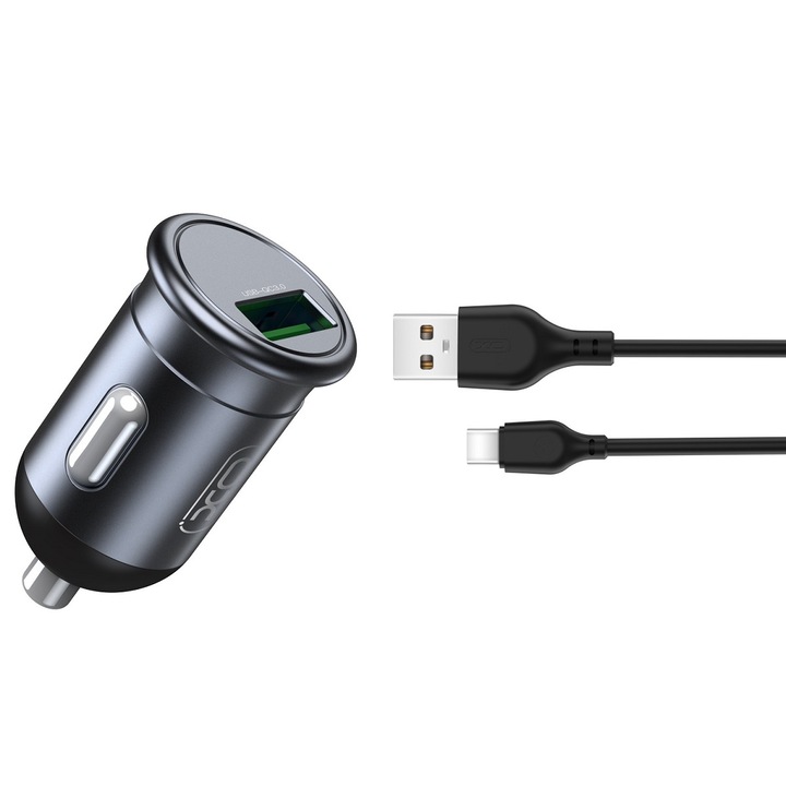Autós töltő XO QC 3.0 18W 1x USB szürke Lightning kábellel