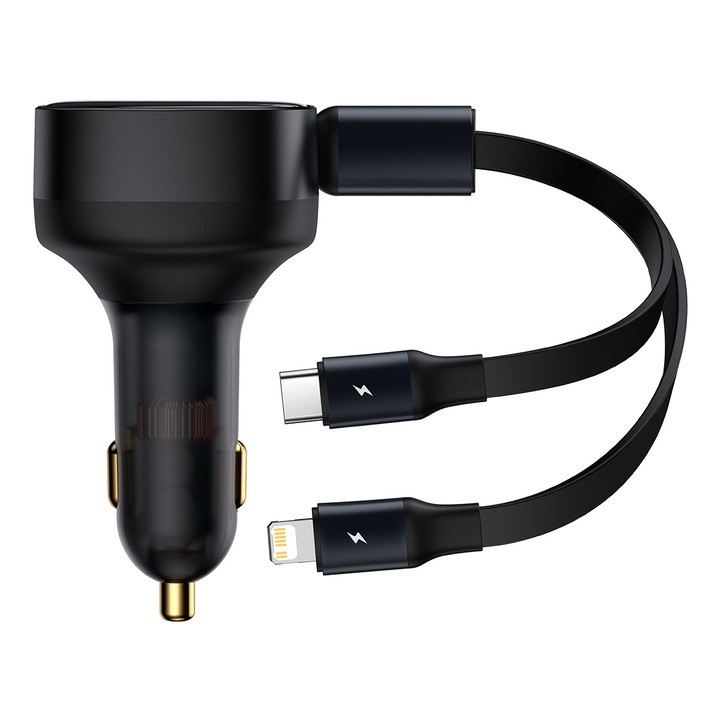 Зарядно за кола Baseus Retractable Enjoyment Car Charger 2w1 30w Черно с кабел 1x Usb-c 1x Lightning