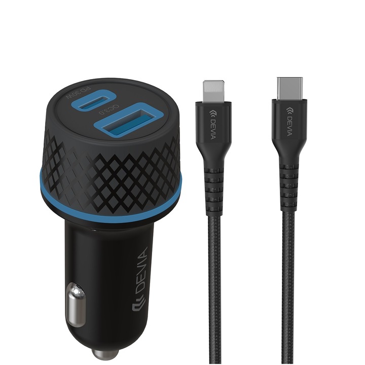 Devia Incarcator Auto Extreme Pd Qc 1x Usb-c 1x Usb 52, 5w Negru + Cablu Usb-c - Lightning