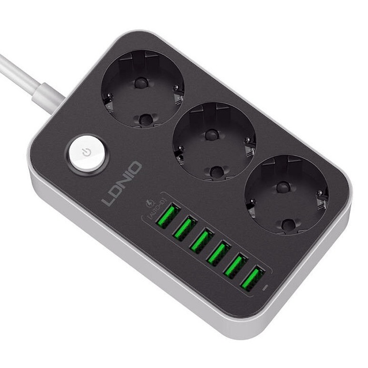 Удължител с 3 гнезда 220V, Optim Solution, 6 USB-A порта, Максимална мощност 2500W, Бързо и многократно зареждане, Защита от претоварване и късо съединение, Бял