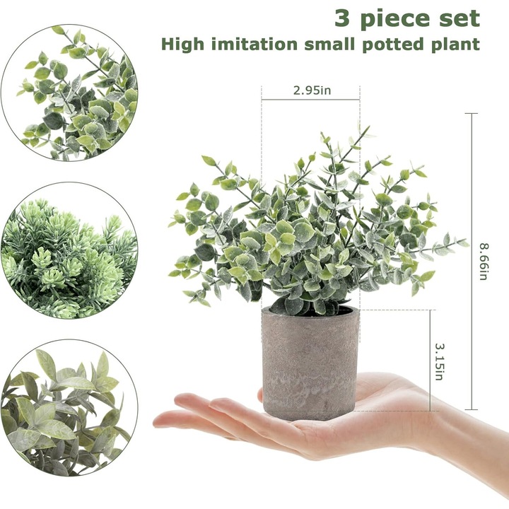 Pachet de 3 plante in ghiveci Eucalipt artificial Millettia Dielsiana Ta Song Iarba in ghivece Ierburi artificiale in ghivece Plante de casa mici, inaltime de 22 cm pentru verdeata de interior, masa, birou, birou, centru decor