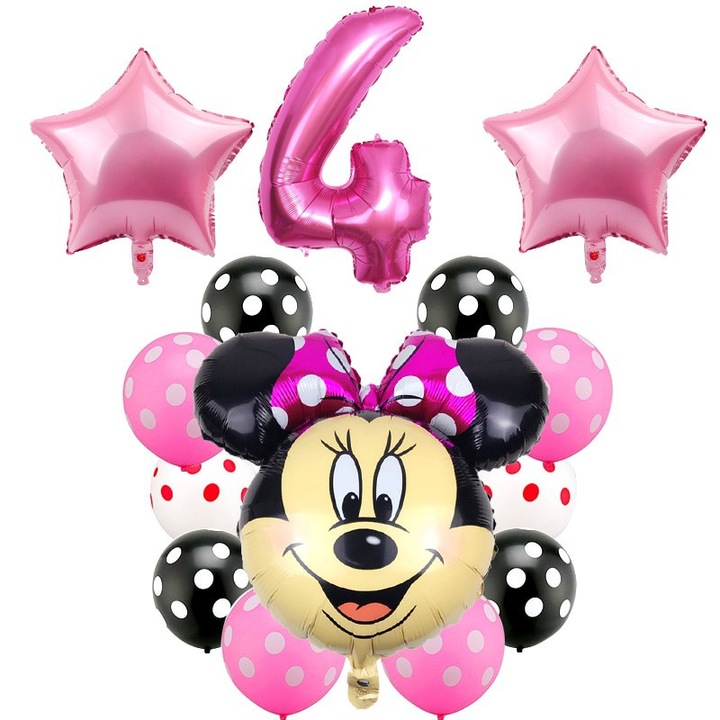 Set 14 Baloane Aniversare Minnie Mouse 4 ani, Multicolor