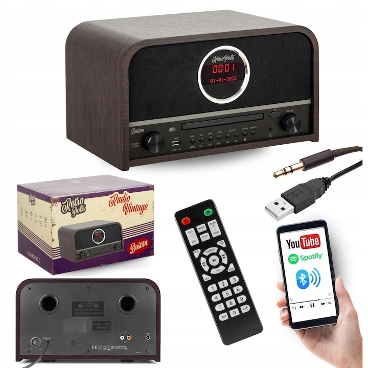 Radio Vintage, Retropolis Boston, Bluetooth 5.0, Powerbank, Port Usb, Player Cd, 31.5 x 22 x 20.3 cm, Mahon