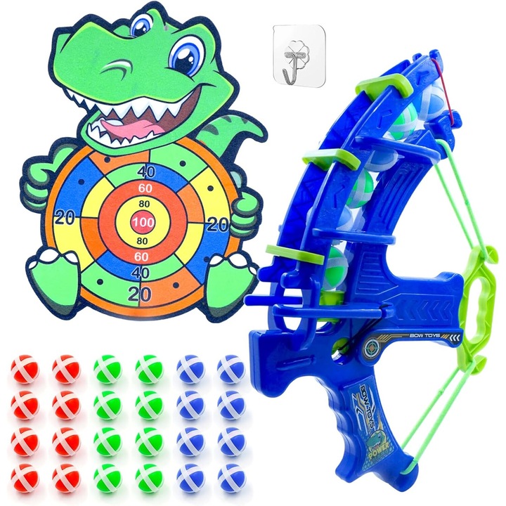 Placa de sageti pentru copii, 36 x 28 cm Jucarii din dinozaur cu 24 de bile lipicioase Lansator cu arc si sageti, petrecere distractiva in interior/in aer liber Joc cu impuscaturi Set de jucarii cu sageti pop cadou pentru copii de 5 6 7 8 9 ani