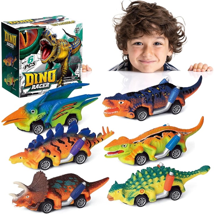 Pachet de 6 masini de jucarie cu dinozaur, jucarii din dinozaur pentru baieti de 3 ani, fete si copii mici, jucarii pentru baieti cu varsta de 3, 4, 5 ani si peste, masini de jucarie pentru tragere, jucarie cu masina dino forma completa