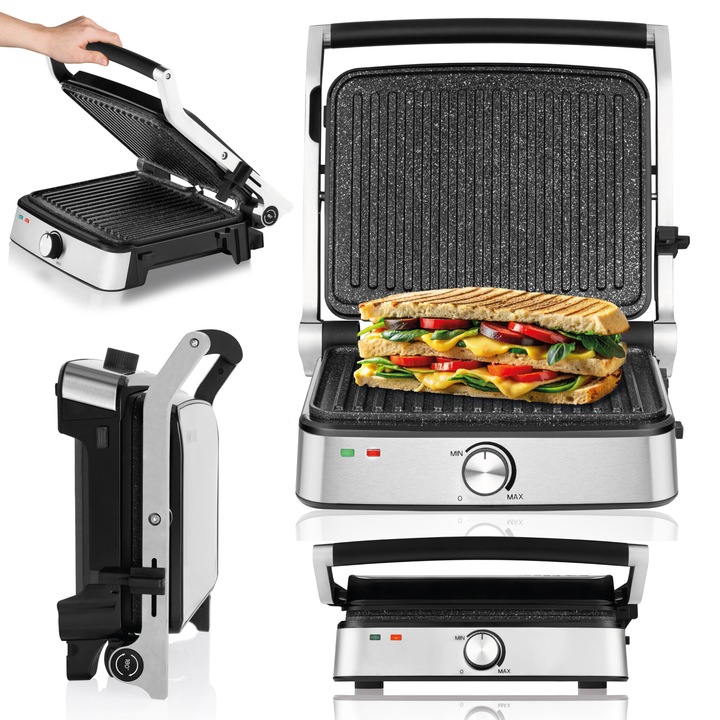 Gratar electric Zeegma Grill Chef Easy 2000W, plite detasabile cu invelis ceramic ILAG, zona mare de prajire, capac deschidere 180°, prajitor 2 in 1, control temperatura, tava colectare grasimi, piese lavabile in masina de vase, reglare unghi