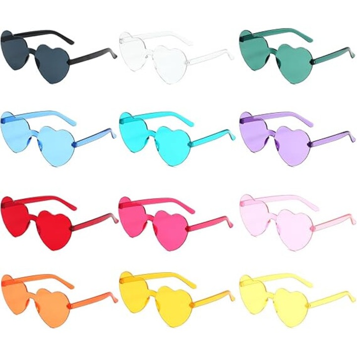 12 perechi de ochelari de soare fara rame in forma de inima Ochelari de soare colorati cu inima ochelari de soare fara rame de culoare bomboana transparenti in vrac pentru favoruri de petrecere, femei, barbati, decorare