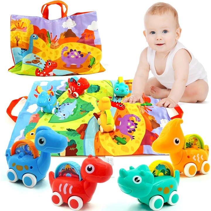 Set jucarii dinozaur cu masini si covor de joaca, OneAndes, 4 masini, 50x38cm, multicolor