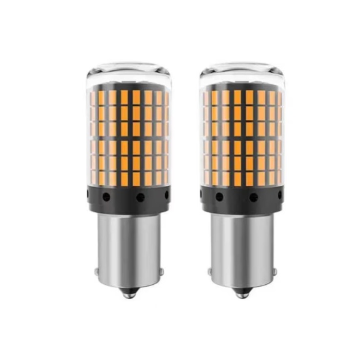 Комплект от 2 броя led крушки за кола BA15S 1156/PY21W, 144LED SMD, жълта светлина, сигнализация, INELAG