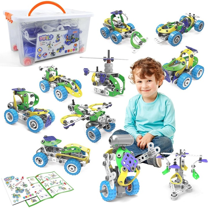 Kit de invatare STEM Jucarii educationale OneAndes, Blocuri de constructie 10 in 1 pentru copii prescolari, 109 piese Jucarii de inginerie Set creativ Cadou pentru baieti cu varsta de 3 4 5 6 7 8 9 10+ ani