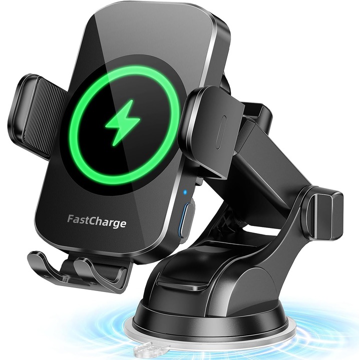 Suport auto, universal, YSBER®, incarcator wireless 15W, montare ventuza, incarcare wireless, ajustare unghi 360°, compatibil cu iPhone si Samsung, Negru mat