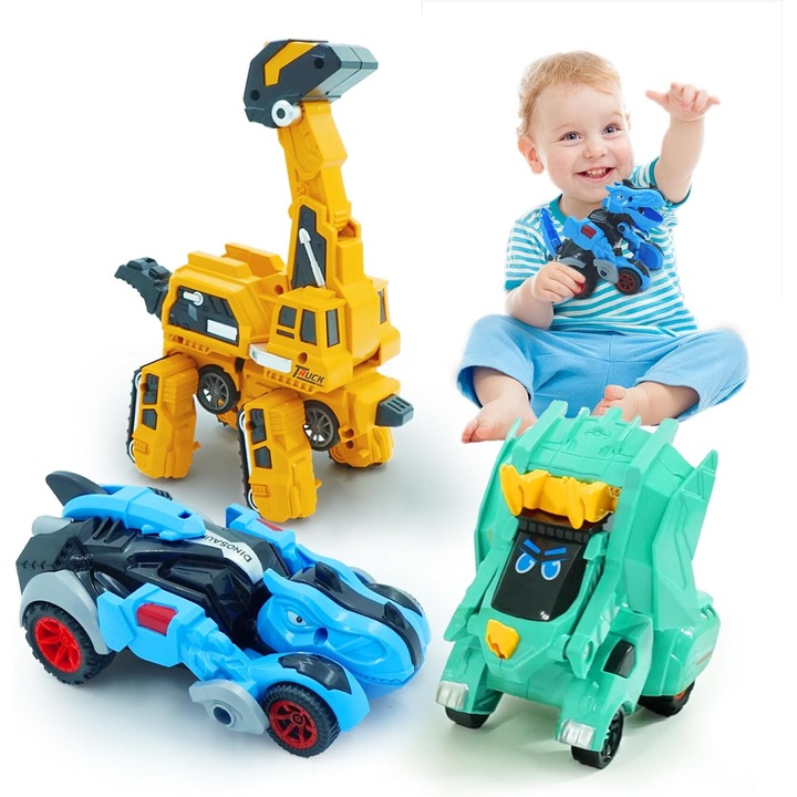 OneAndes 4 bucati jucarii cu dinozaur pentru copii 3-5 ani, jucarie transformatoare cu masina cu dinozaur pentru copii mici 3 4 5 6 7 8 ani, baieti, fete - Dinozaur Dino Transformer T-Rex Jucarii si mai multe masini pentru baieti 4-6 ani