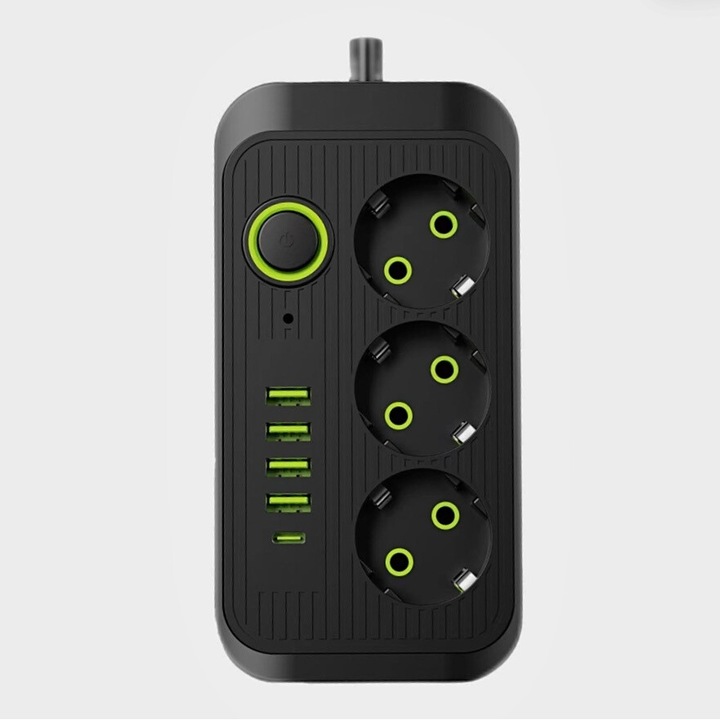 Hosszabbító kábel 2500 W, 2,1 A, 3 aljzat, 3 USB port, 1 Type-C port, egyedi kapcsoló, anyagálló 750 fokig, fekete