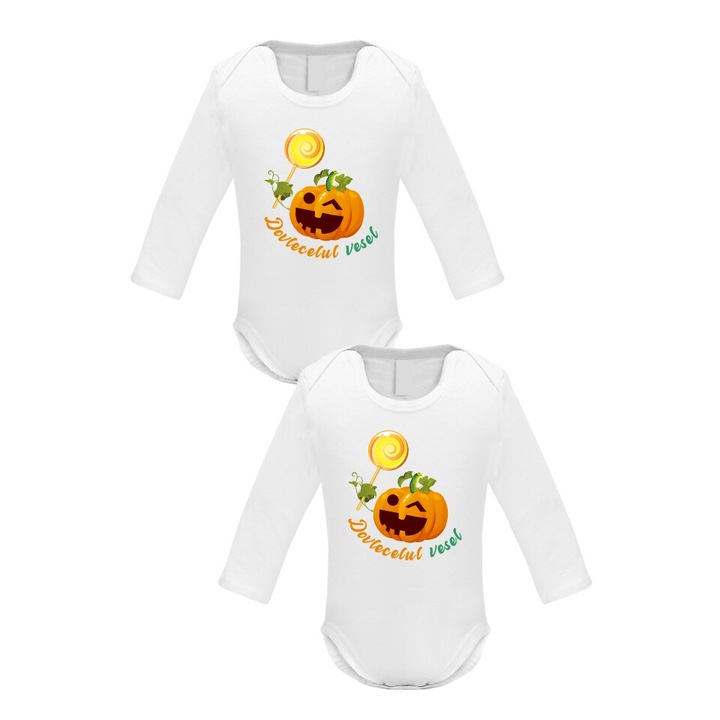 Set 2 body-uri cu maneca lunga pentru bebelusi, Halloween Dovlecel, Alb