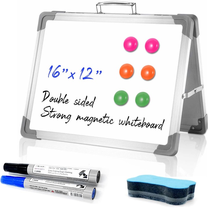 Tabla alba cu stergere uscata OneAndes, 30*40CM Tabla alba magnetica de birou cu suport, 3 markere, 4 magneti, 1 radiera, sevalet portabil cu doua fete pentru tabla alba pentru copii Memo to Do List Desk School