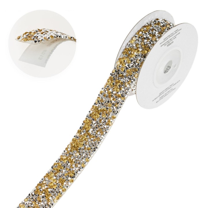 Banda Adeziva Decorativa, 1m x 2cm, Strass Aurii si Argintii