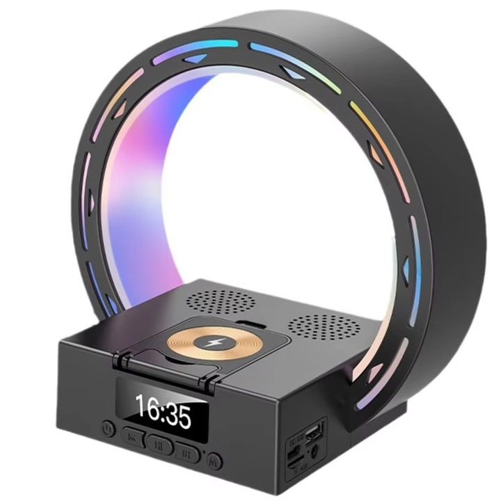 Ceas decorativ cu difuzor wireless, WildSpectrum, negru, 4 in 1, incarcare wireless, alarma, 18x17x11cm