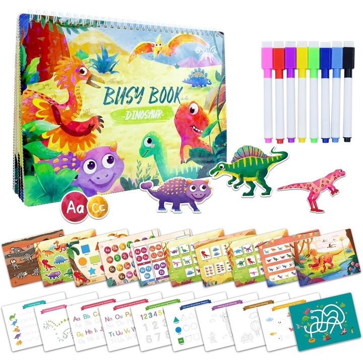 OneAndes Montessori Ocupat Carte pentru copii 3-5, Carte cu activitati de invatare prescolara, Cele mai noi teme despre dinozauri Carte ocupata pentru copii Jucarii 3-5 ani, Caiet de lucru pentru gradinita