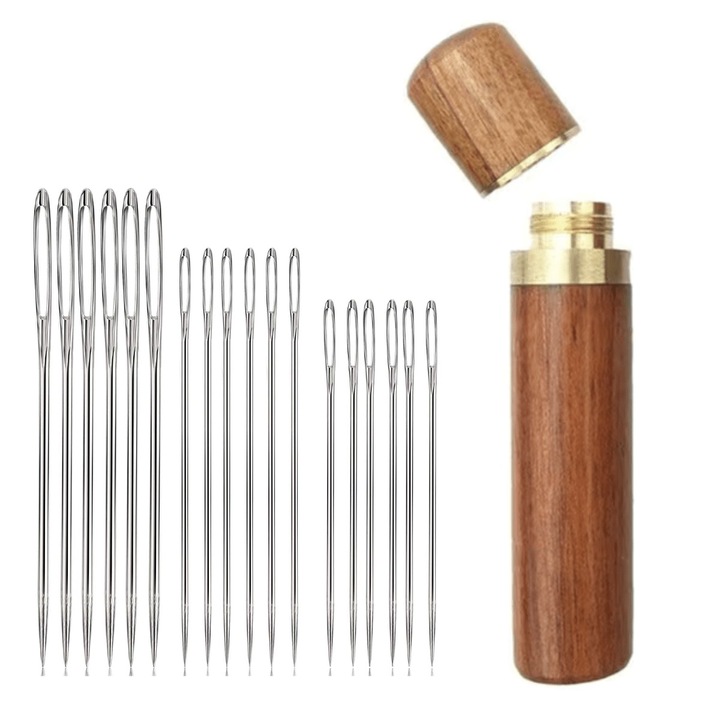 Set de ace pentru cusut din 44 de piese, 40 Ace de cusut cu Ochi mare, 4 marimi, 1 suport de lemn si 1 suport plastic, 1 degetar si 1 agatator, Maro