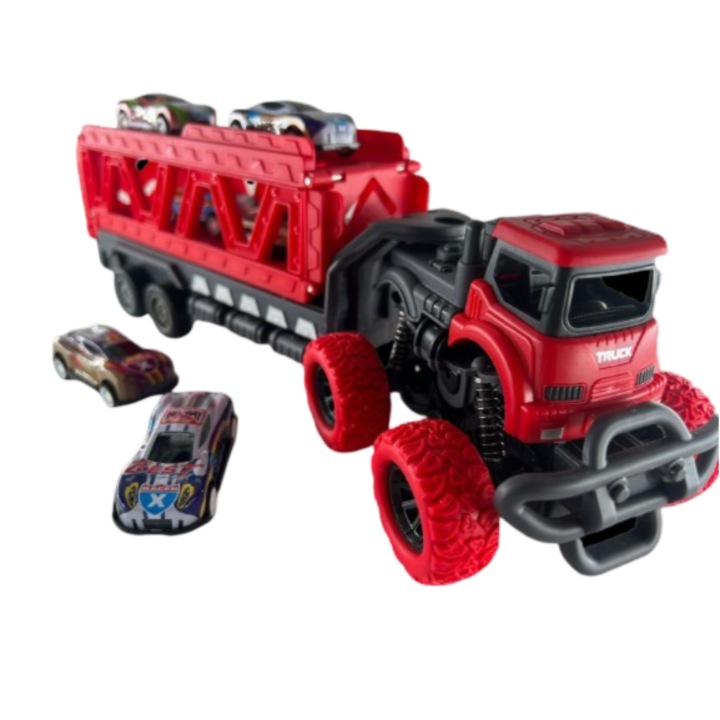 Set camion transportor cu 6 masini de cursa Mixbo, plastic, 4 ani +, rosu