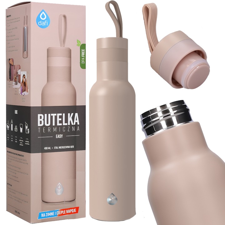 Termos Dafi Easy, Fara BPA, Otel, Compatibil Suport Pahare, Design Modern, Latte, 490ml