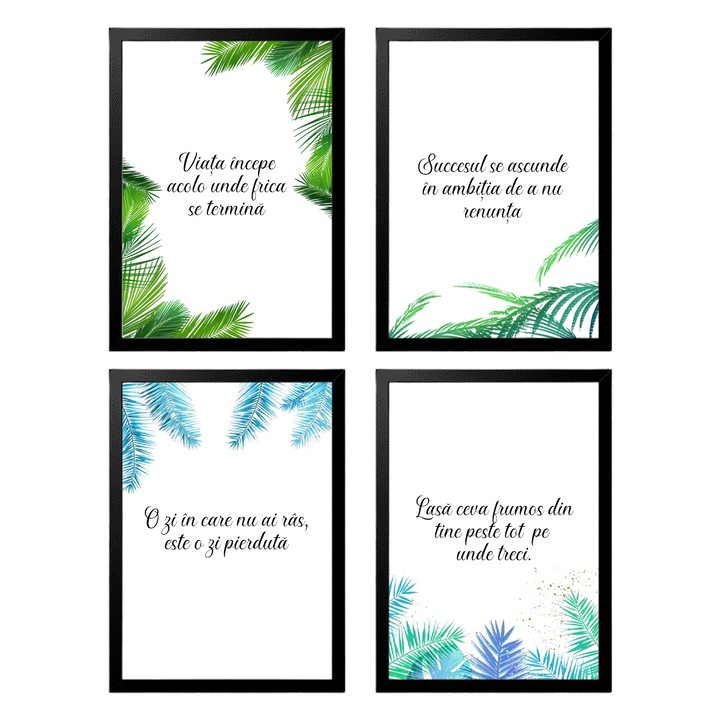 Set 4 Tablouri decorative cu mesaje Motivationale, Model frunze palmier, Negru, Betaprint, 30x20cm, A4