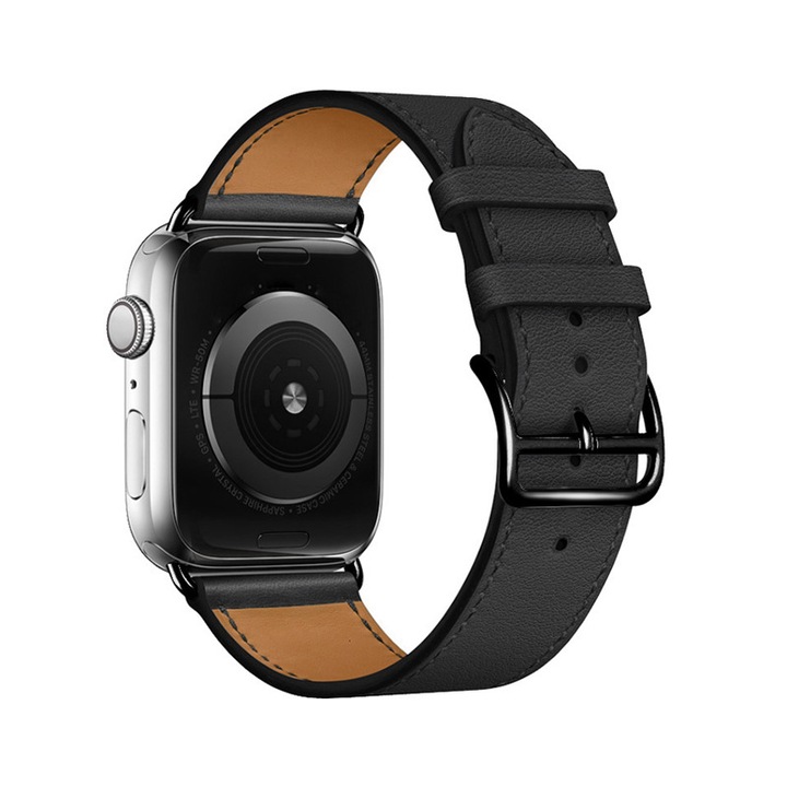 Curea din piele moale compatibila cu Apple Watch Series 11 si 10 42mm, Series 1 9 si SE 38mm 40mm 41mm, Single Tour, unisex, Negru